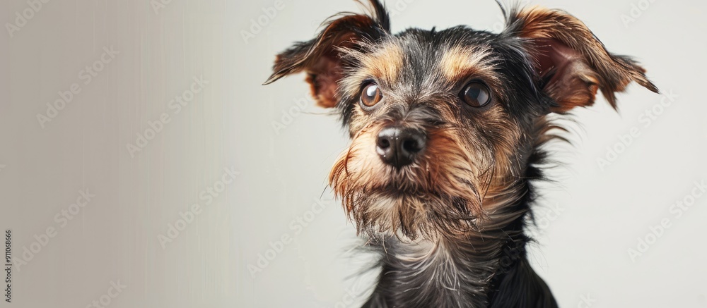 Poster an adorable dog of a specific breed is displayed on a plain white backdrop for a copy space image