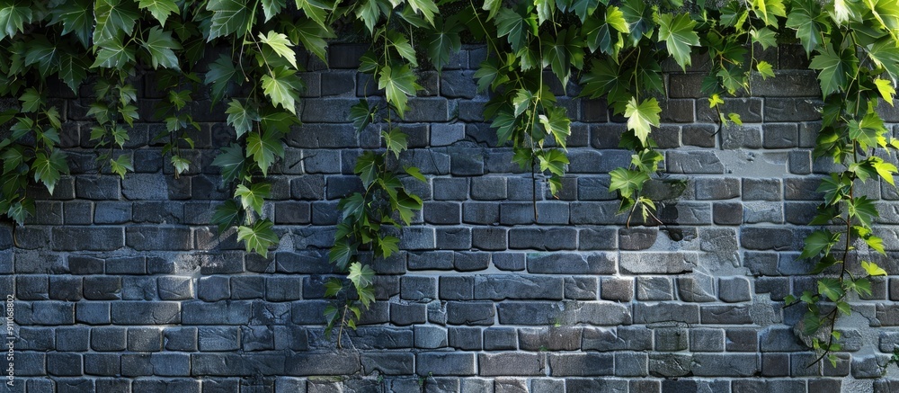 Poster texture of a gray brick wall with grape leaves hanging down suitable for a copy space image