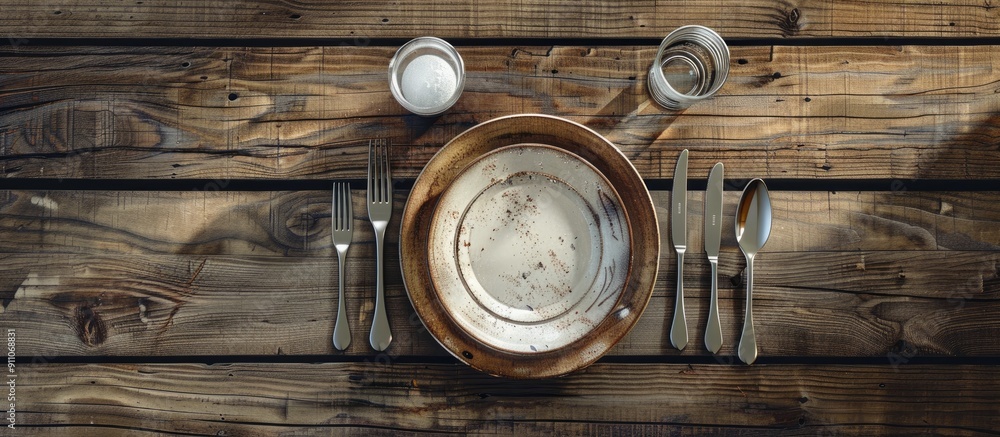 Poster top down view of an elegant table setting with silverware and dish on a wooden surface ample room fo