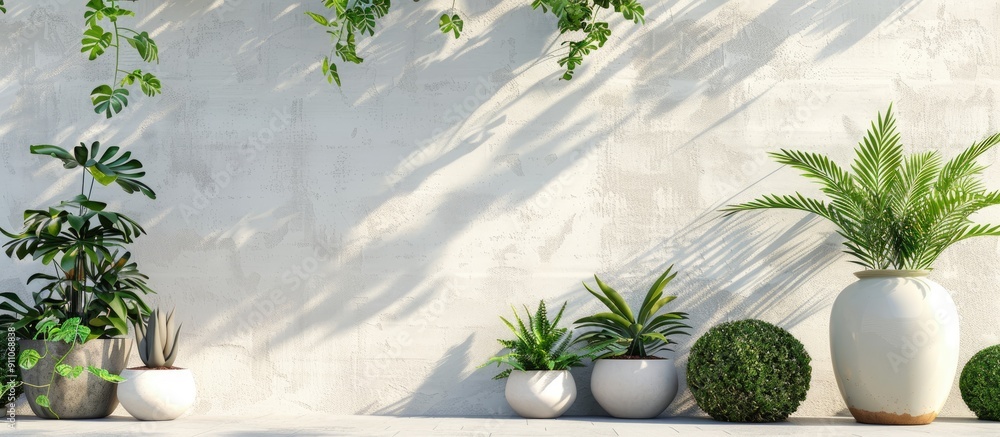 Poster plants on the terrace with a white wall background and in pots creating a dynamic copy space image