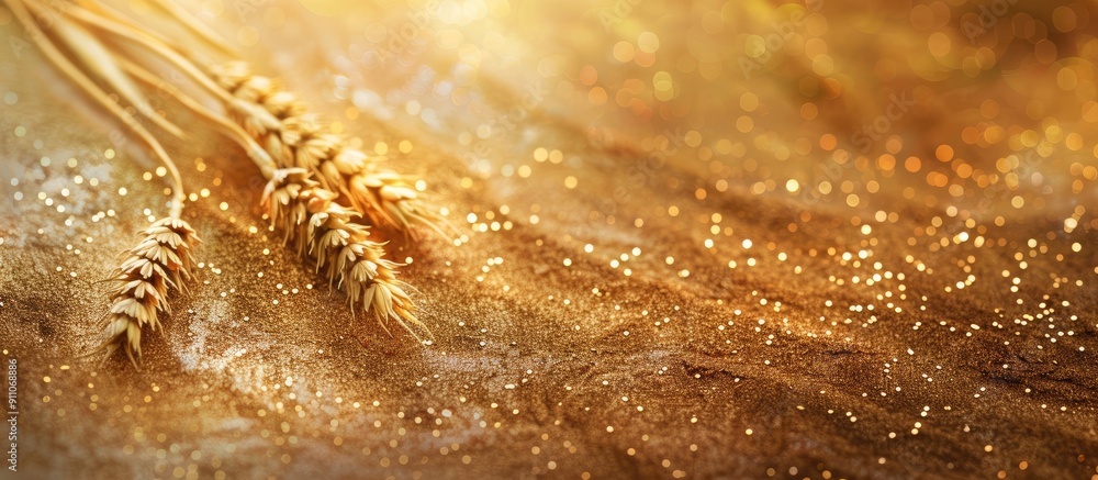 Poster minimalistic agriculture concept featuring two wheat ears on a golden glitter background with ample 