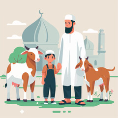 Eid Al Adha Illustrations. Muslims Prepare Livestock to Be Sacrificed. People Celebrate Eid Al Adha