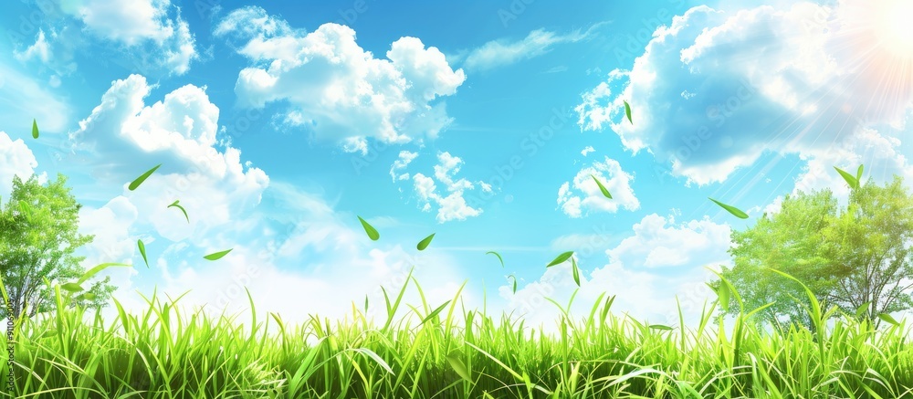 Poster sunny summer day with blue sky white fluffy clouds and an empty background for a copy space image