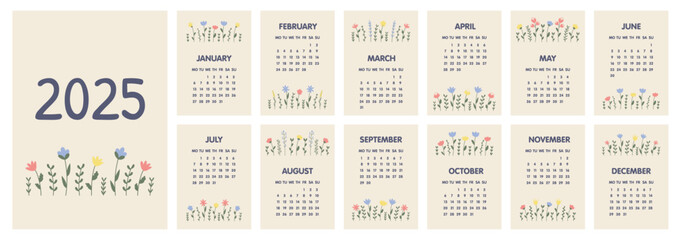 Calendar 2025 template. Monthly calendar 2025 with cute flowers. Set of 12 Month. Starts on Monday. A modern calendar for office, organizer, working place, wall, table. Design Template.