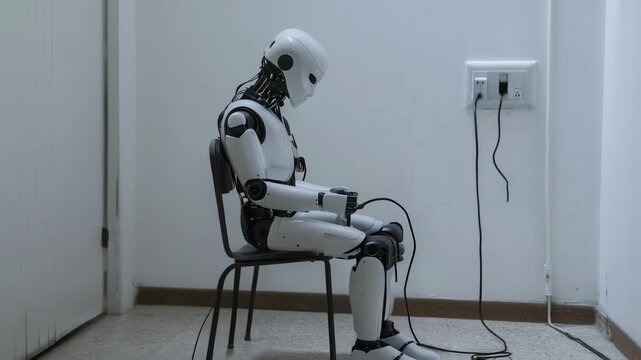 White robot sitting on chair, plugged into wall socket in empty room