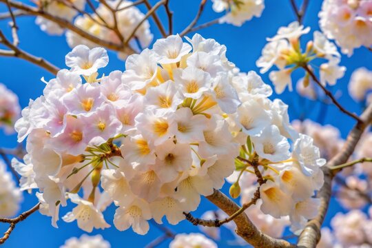 Delicate, trumpet-shaped flowers of the white ipe tree bloom in clusters, showcasing soft pink to white hues and yellow centers against a clear blue sky.