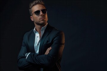 Fototapeta premium charismatic young businessman portrait high contrast lighting on dark background confident pose and stylish attire convey success and ambition