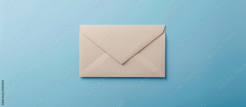 Poster mock up with copy space image showing a beige envelope with a blank white paper on a blue background