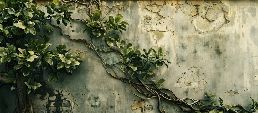 Beautiful copy space image featuring lush green leaves and intricate Javanese tree roots of Cissus nodosa Blume flowing along a house s walls