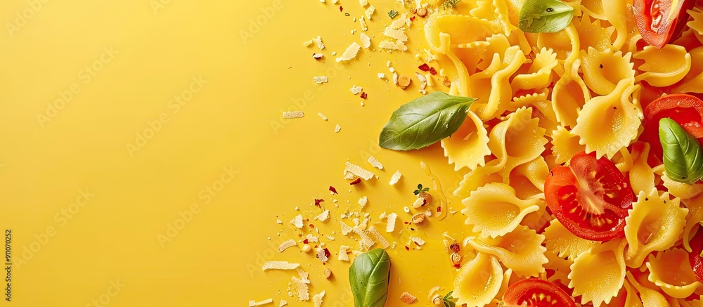 Poster top down view of delicious pasta with tomato cheese and basil on a yellow surface offering a blank a