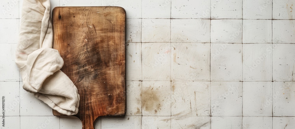 Poster a top view of a cutting board and napkin displayed on a white tile background creating an appealing 