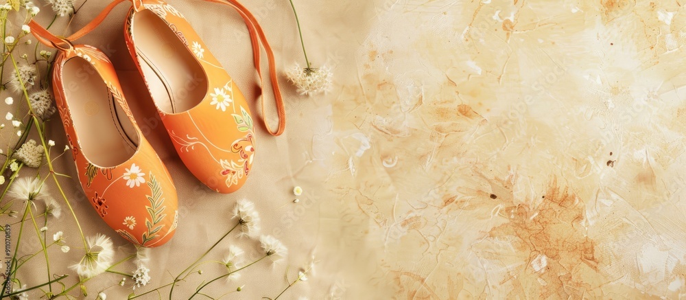 Poster orange shoes with floral design on beige backdrop in top view with dandelion copy space image