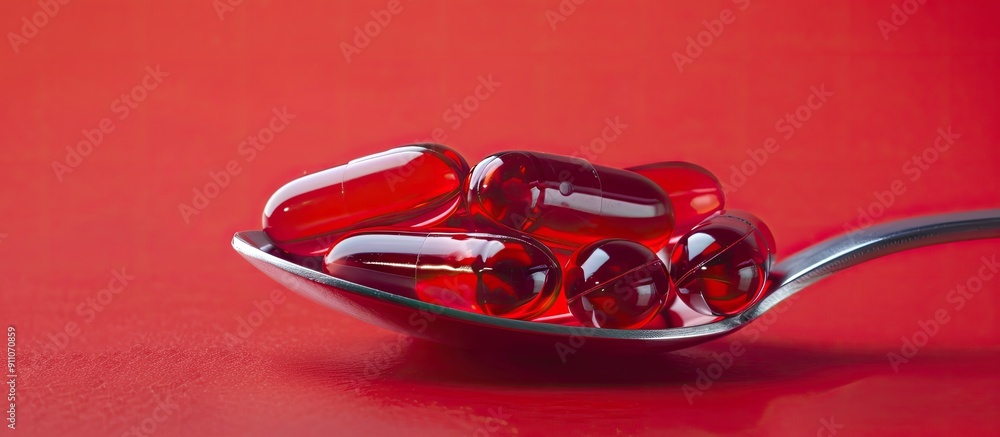 Poster red soft gel vitamin supplement capsules arranged neatly on a spoon against a colored backdrop with 