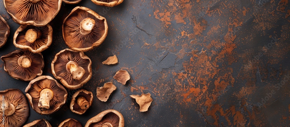 Poster dried shiitake mushrooms displayed on a table with a food background for a top view copy space image
