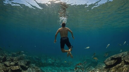 Full shot man swimming with fish
