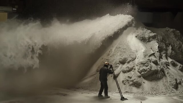 Worker cleaning up debris after an avalanche