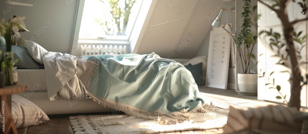 Aufkleber enhance your creations with this charming attic bedroom with soft colors cozy bedding and unique arc