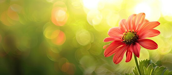 Detailed close up of red flower against a blurred green backdrop with copy space image suitable for eco themed designs like natural flora landscapes