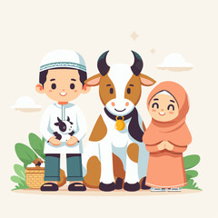 Eid Al Adha Illustrations. Muslims Prepare Livestock to Be Sacrificed. People Celebrate Eid Al Adha