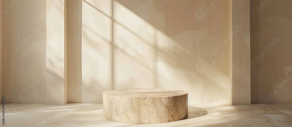 Poster an empty room featuring a stone podium and window shadow perfect for showcasing beauty products in a