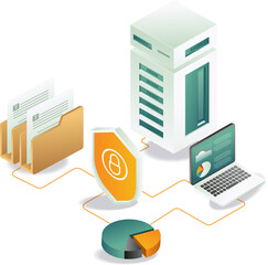 A computer and laptop beside a folder and data server connectivity analytics