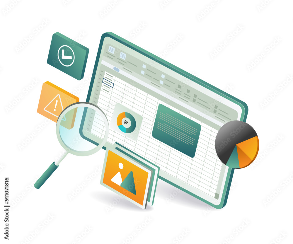 Poster a computer screen with a magnifying glass, calculator, and excel analytics app
