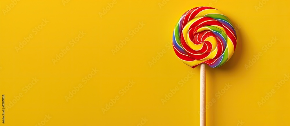 Poster minimalist candy pop poster featuring a single colorful lollipop set against a yellow backdrop with 