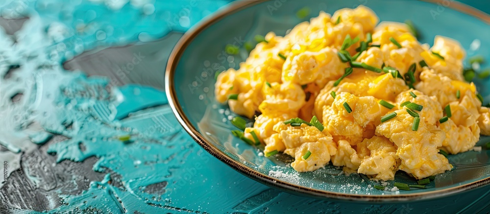 Poster plate of appetizing scrambled eggs on a turquoise surface with copy space image