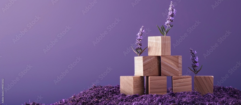 Aufkleber wooden blocks carrying a personal growth message are set against a purple backdrop serving as a symb