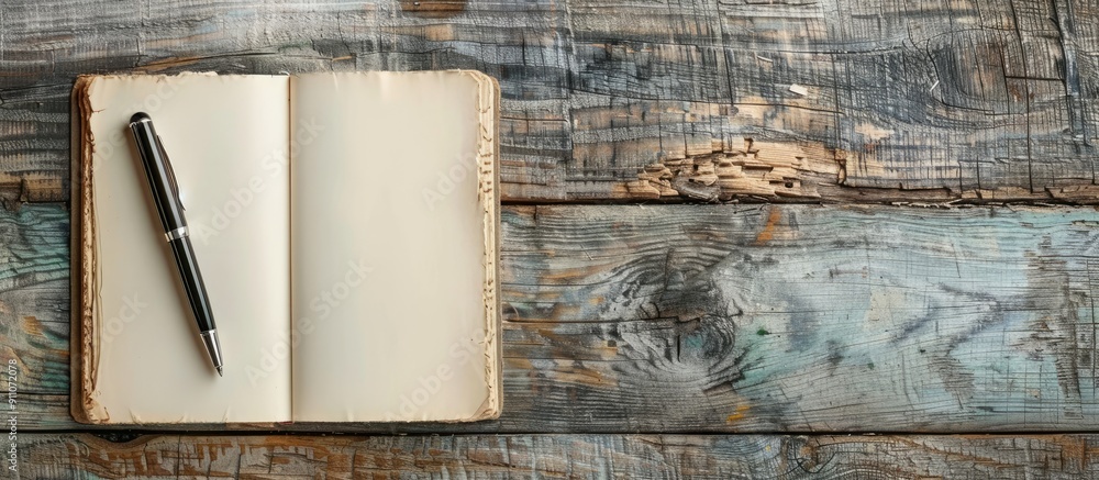 Poster top view of a wooden banner with a recycled material pen and blank open notebook ideal for adding te