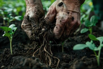 Obraz premium closeup of weathered hands cradling rich dark soil teeming with life roots and seedlings emerging in a sunlit greenhouse