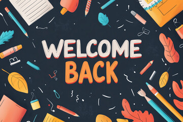 Colorful Welcome Back to School design with stationery and autumn leaves on a dark background