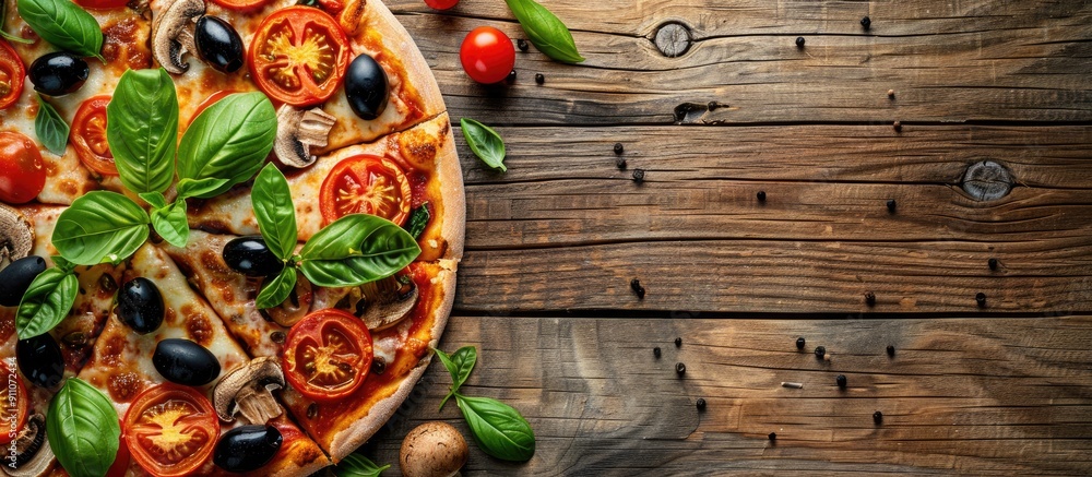 Poster top view of a scrumptious pizza topped with tomatoes mushrooms black olives and basil on a wooden su