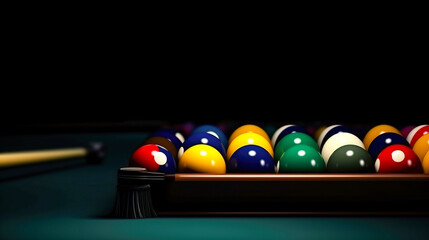 Billiard hundred, sport game. Colored balls, cue on green cloth. Fun competition. AI generated.
