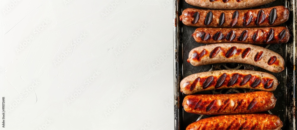 Poster top down view of pork bratwurst and bockwurst sausages on a metal tray with a blank white background