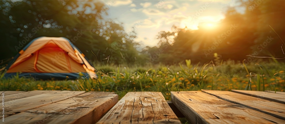 Aufkleber blurry camping tent with grass field background featuring a wooden table top ideal for product displ