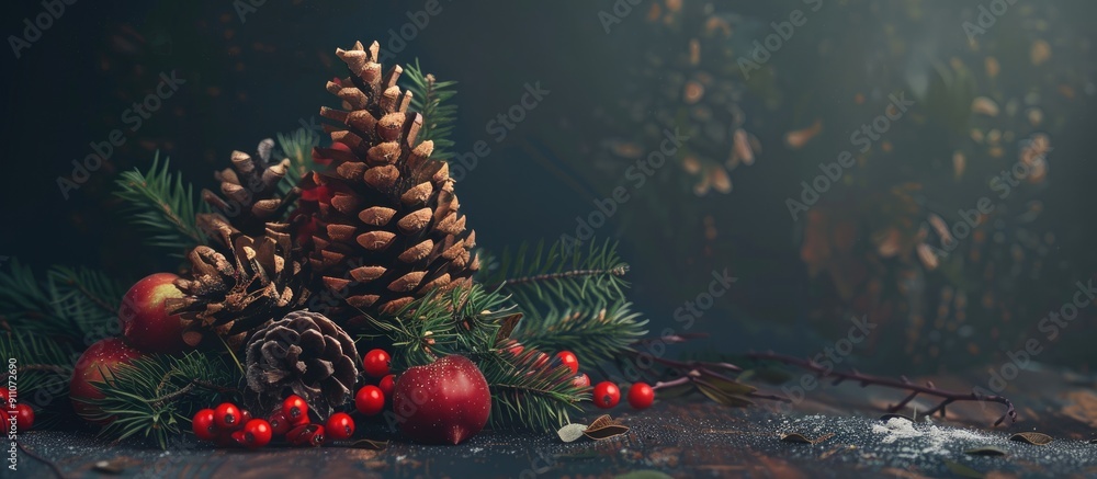 Sticker a pine tree with fruits a pine cone on a copy space image
