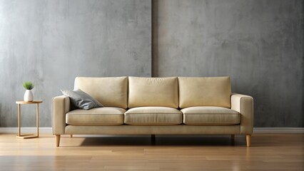 Dirty and clean versions of a beige sofa juxtaposed against a grey wall, showcasing the power of professional dry-cleaning services.