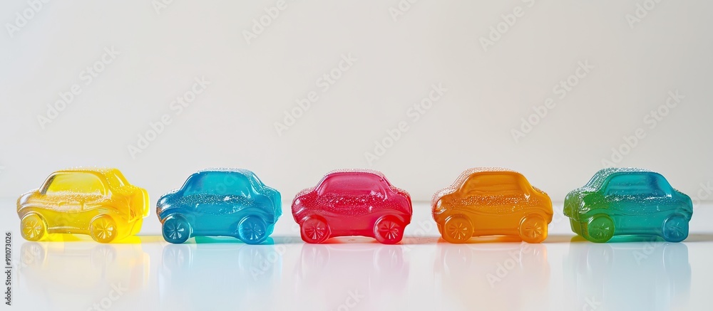 Poster a row of five car shaped gummy candies in vibrant colors displayed on a white surface with ample cop