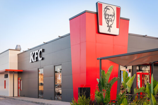 Modern KFC restaurant exterior, fast food. Outdoor view. Kentucky Fried Chicken.