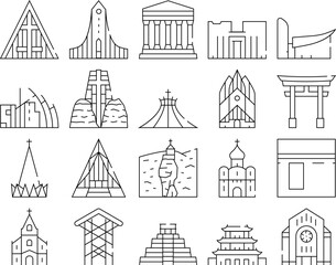 Temple Construction Collection Icons Set Vector. Religion Cathedral And Synagogue, Catholic Chapel And Church, Kaaba And Mayan Temple Religion Building Black Contour Illustrations