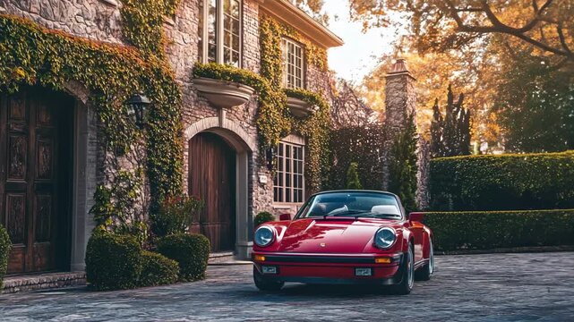 Red vintage car parked in front of an ivy-covered mansion