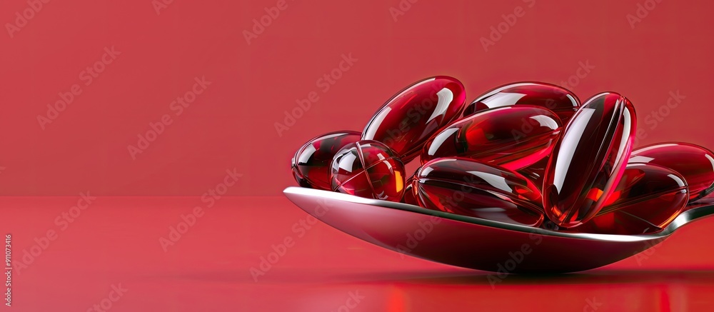 Poster red soft gel vitamin supplement capsules arranged neatly on a spoon against a colored backdrop with 