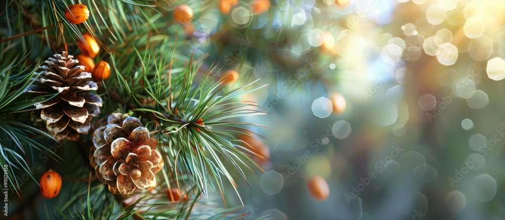Sticker a pine tree with fruits a pine cone on a copy space image