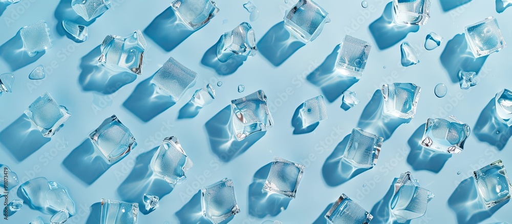 Poster flat lay with crystal clear ice cubes on a light blue background providing ample copy space for the 