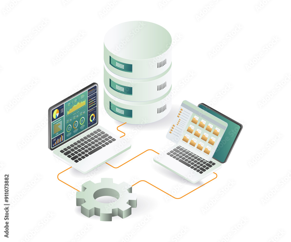 Poster a laptop and server linked together, showcasing a connection for data transfer in a technology envir