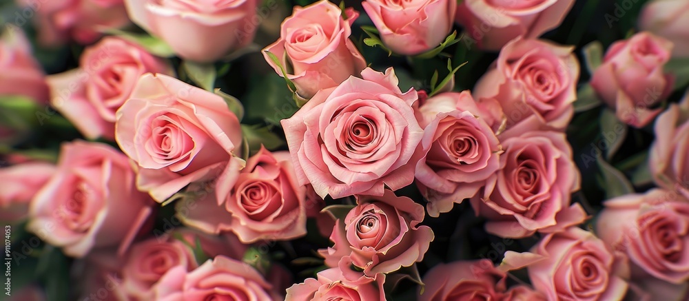 Canvas Prints A close up image of a bouquet of pink roses in a florist setting with copy space image