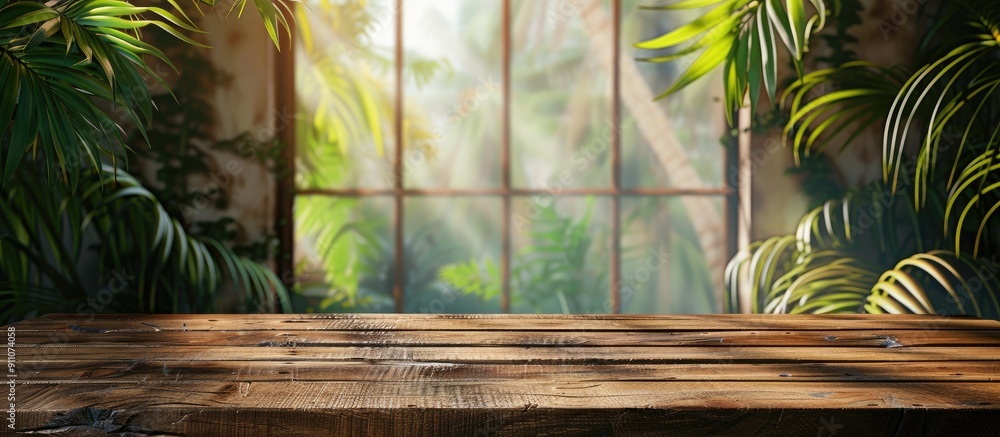 Aufkleber wooden table set against a backdrop of a blurred window pane and a wall adorned with tropical leaves