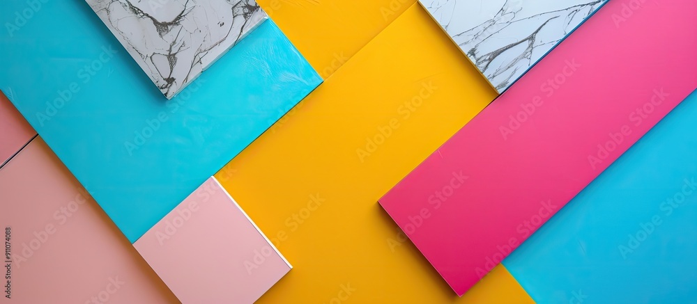 Poster top view and flat lay of an abstract geometric background with vibrant colors ideal for showcasing p
