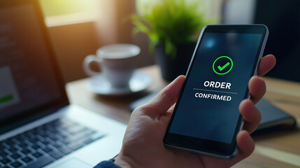 Order confirmation on mobile phone. Successful e-commerce transaction, digital shopping, secure online purchase